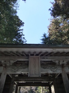 神社の門を見上げて、木と青空が見える